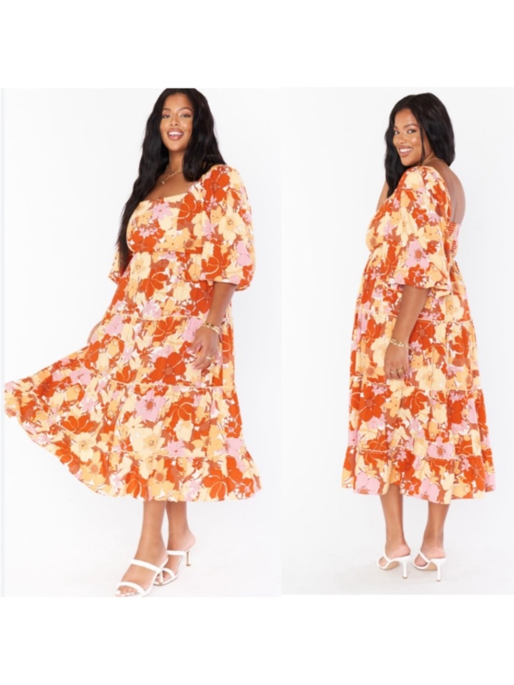 Show Me Your MuMu Orange Floral Puff-Sleeve Midi Dress